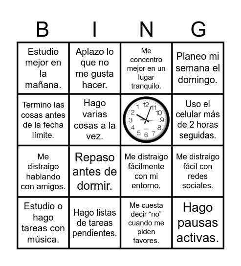 Manejo de mi tiempo Bingo Card