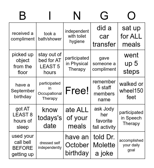 REHAB WEEK 2025 BINGO Card