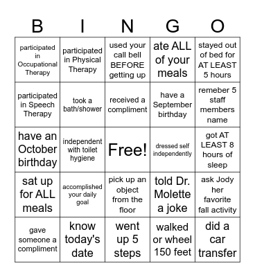 REHAB WEEK 2025 BINGO Card