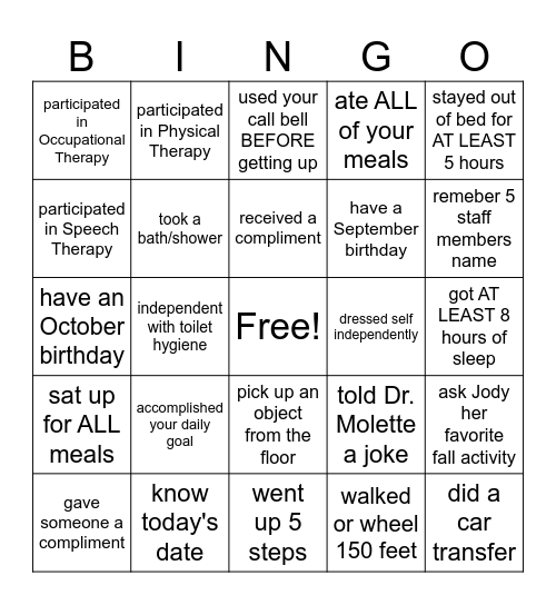 REHAB WEEK 2025 BINGO Card