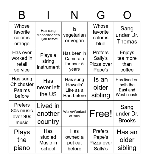 Camerata Bingo! Find someone who... Bingo Card