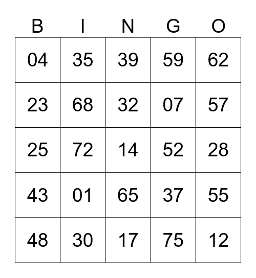 Number bingo Card