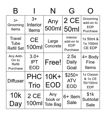 September Incentive Bingo Card