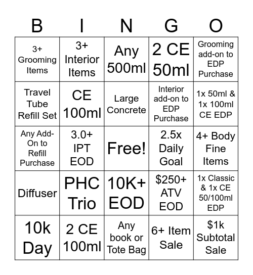 September Incentive Bingo Card
