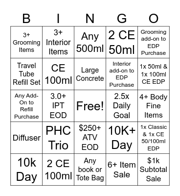September Incentive Bingo Card