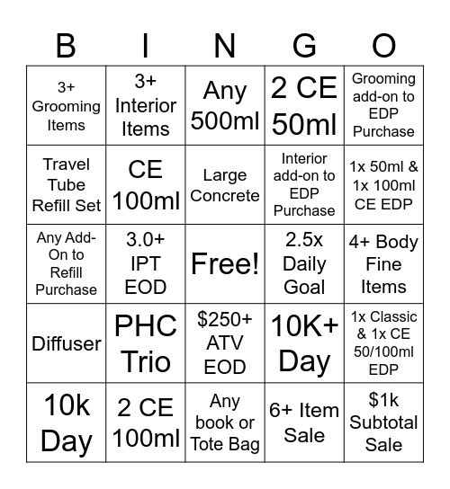 September Incentive Bingo Card