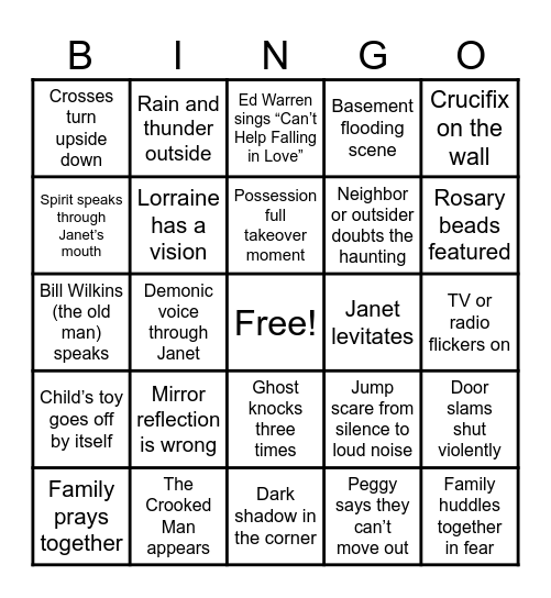 The Conjuring 2 Bingo Card