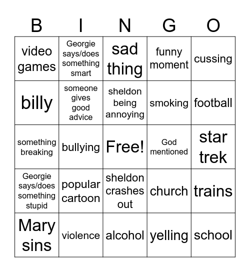 Young sheldon Bingo Card