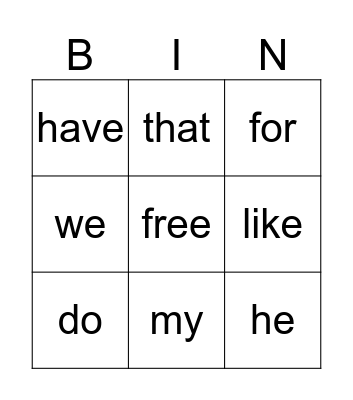 Sight Words Bingo Card
