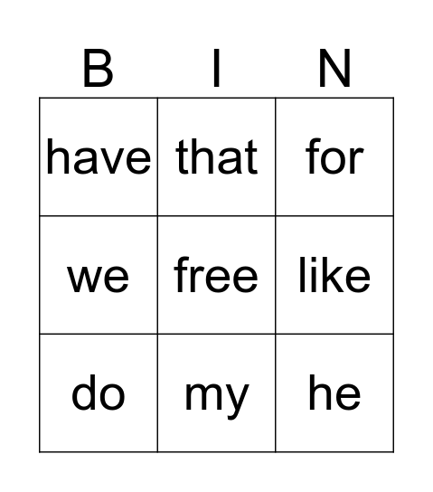 Sight Words Bingo Card