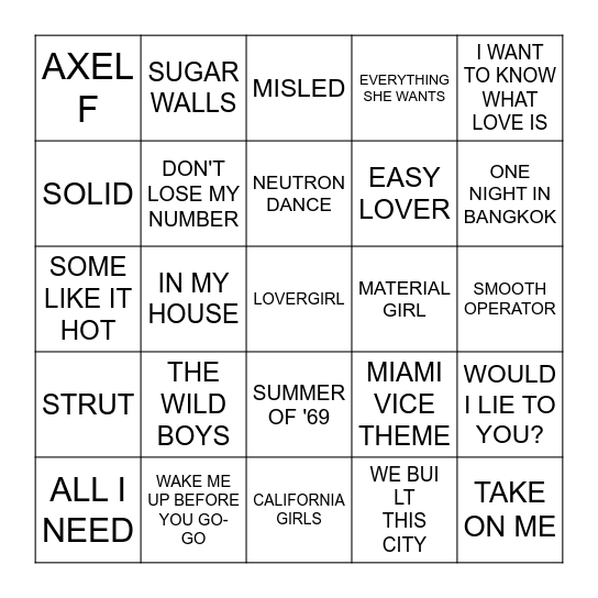HITS OF 1985 Bingo Card