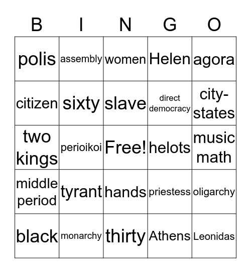 ATHENS AND SPARTA CITY-STATE Bingo Card