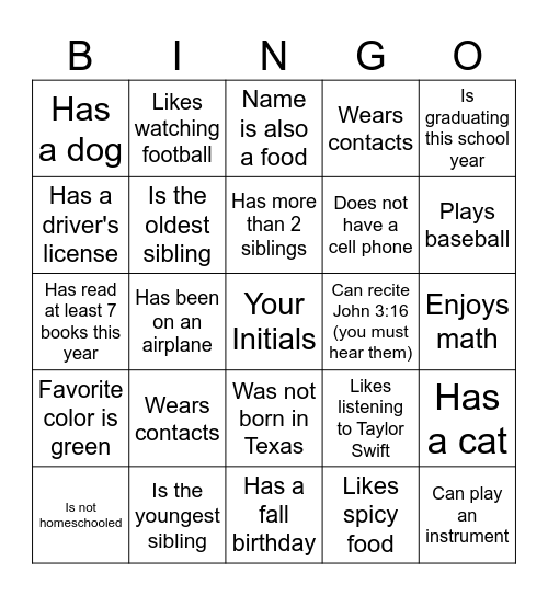 Get to Know Your Friends Bingo Card