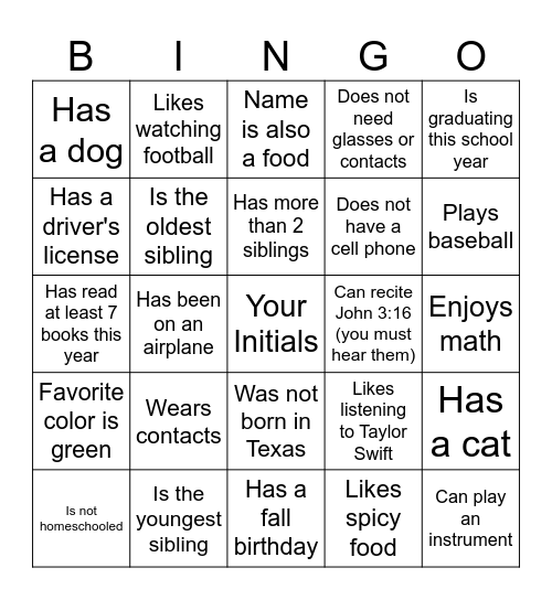 Get to Know Your Friends Bingo Card