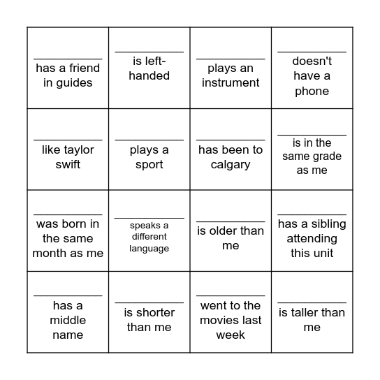 Name Bingo Card