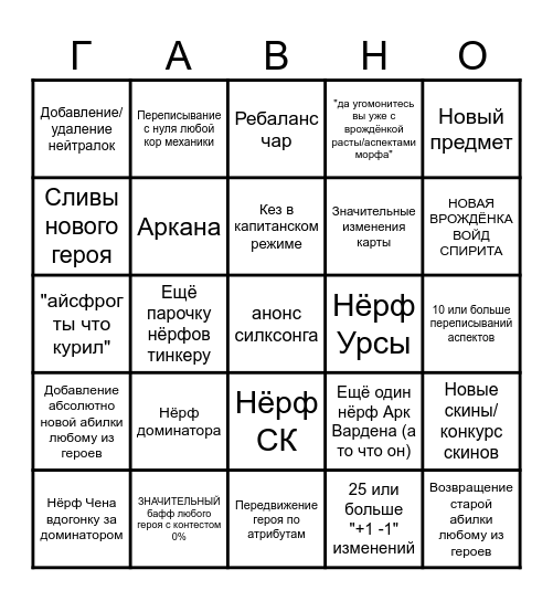 Патч в доте после инта Bingo Card