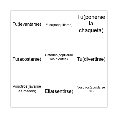 Verbos Reflexivos Bingo Card
