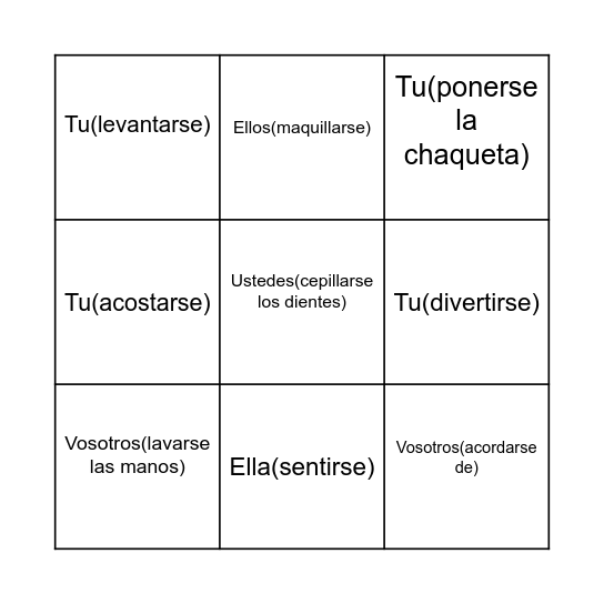 Verbos Reflexivos Bingo Card