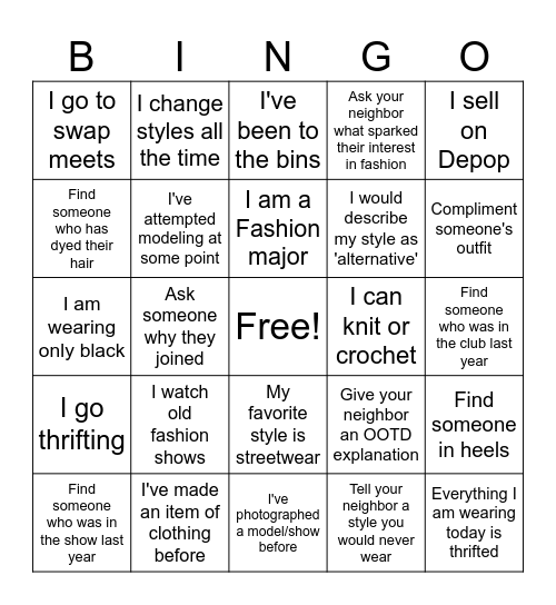 Fashion Club Bingo Card