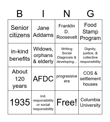 History of Social Work Bingo Card