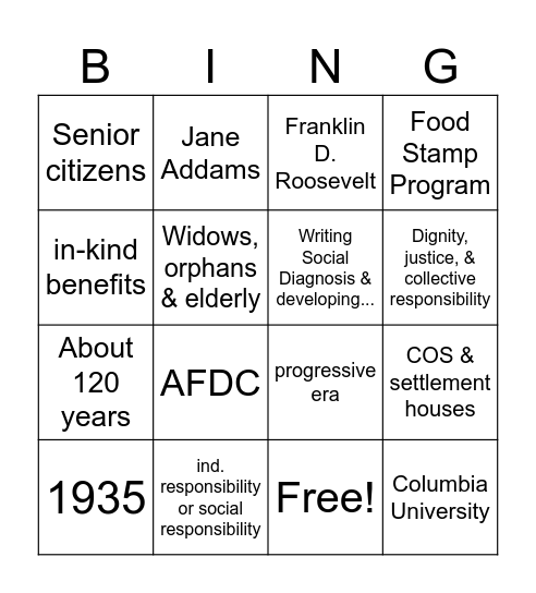 History of Social Work Bingo Card