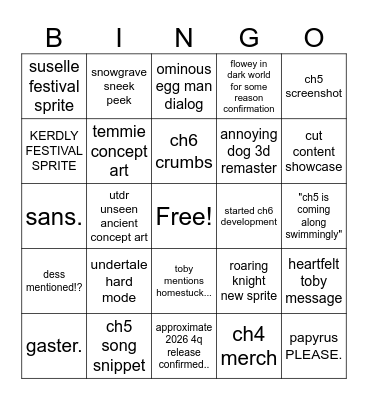 undertale 10th anniversary bingo Card