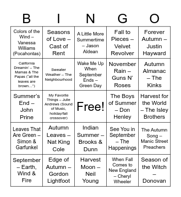 Fall Vibes & Autumn Anthems Bingo Card