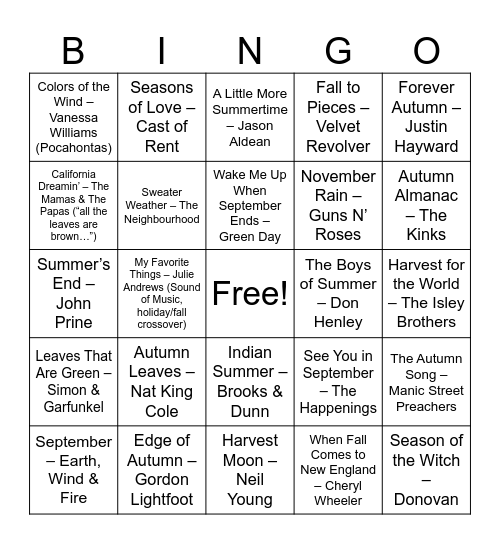 Fall Vibes & Autumn Anthems Bingo Card