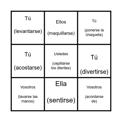 Verbos Reflexivos Bingo Card