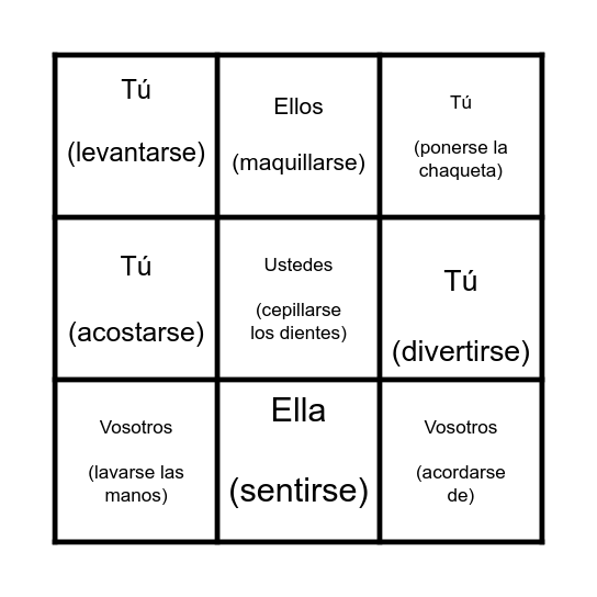 Verbos Reflexivos Bingo Card