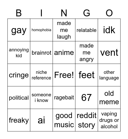 tiktok bingo Card