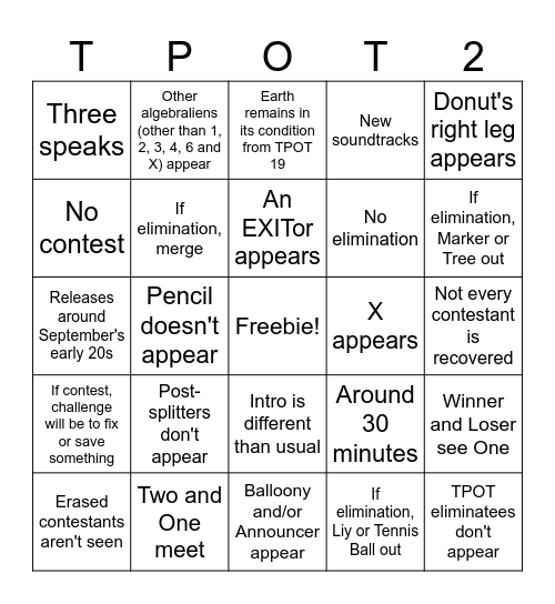 Quareman's BFDI:TPOT 20 Predictions Bingo Card