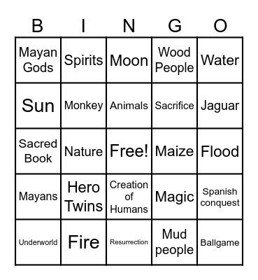 Popol Vuh Bingo Card