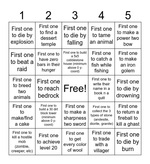 Minecraft Point Bingo Card