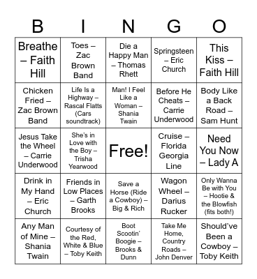 Country Roads Bingo Card