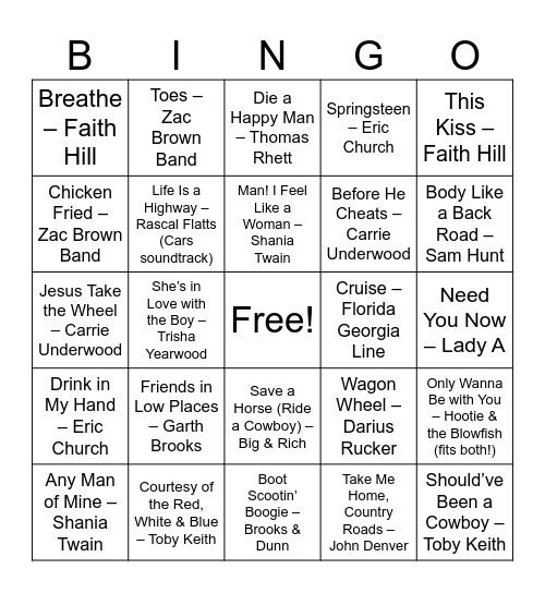 Country Roads Bingo Card