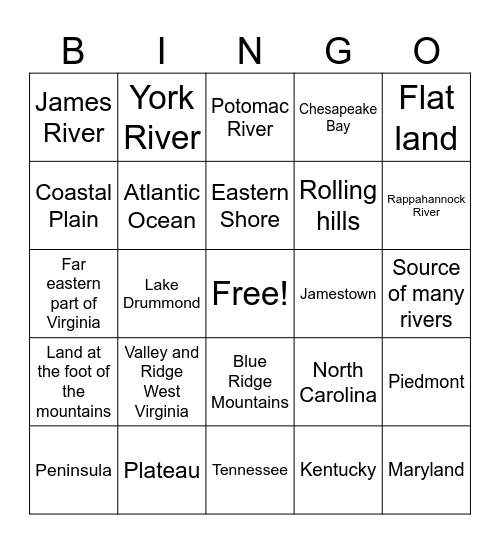 Virginia Geography Bingo Card