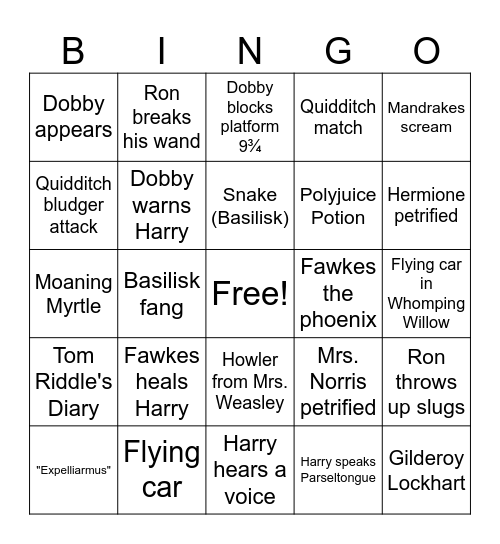 Harry Potter Bingo: Chamber of Secrets Bingo Card