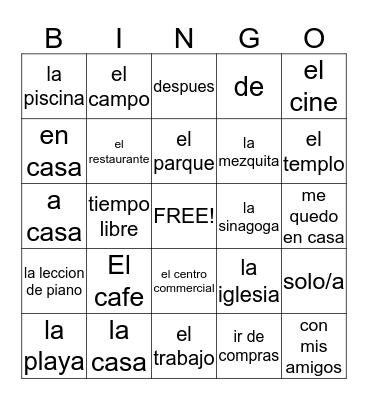 SPANISH  Bingo Card