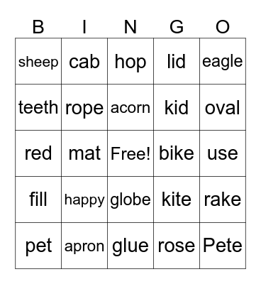 Vowel Sound Bingo Card