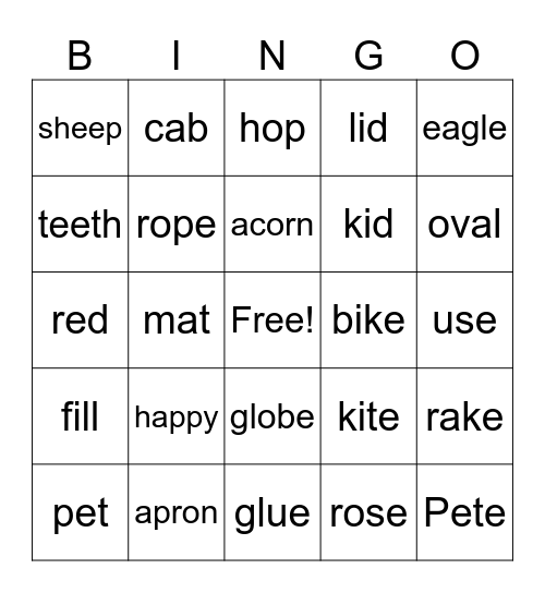 Vowel Sound Bingo Card