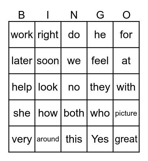 High Frequency Words Bingo Card