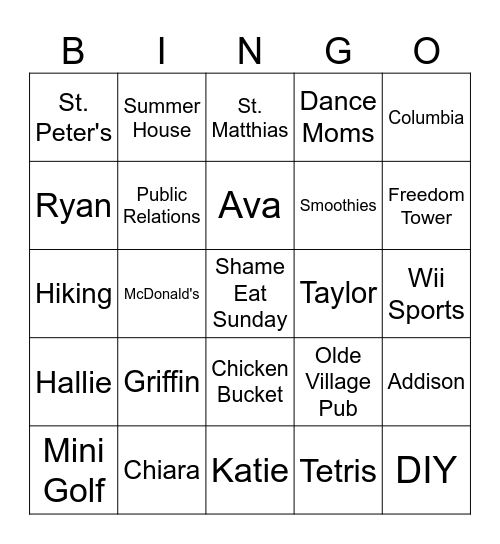 Camryn's Bridal Shower Bingo Card