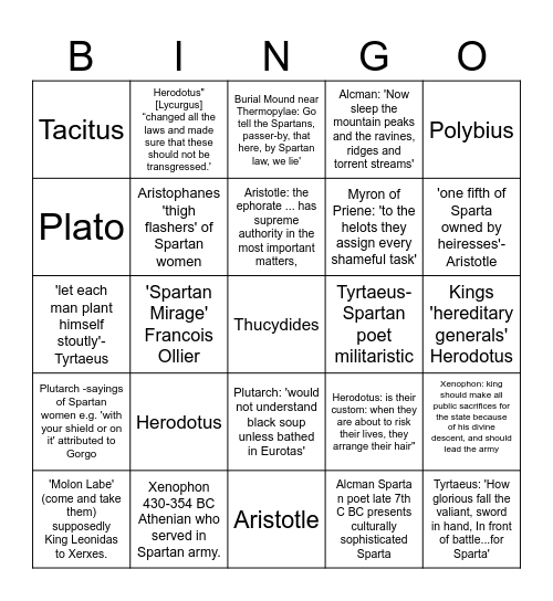 12 AH Writers about Sparta Bingo Card
