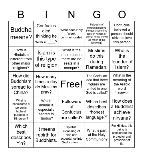 Five Major Religions and their Cultures Bingo Card