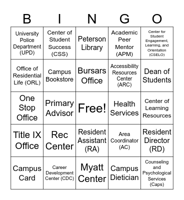 Campus Resource Bingo! Bingo Card