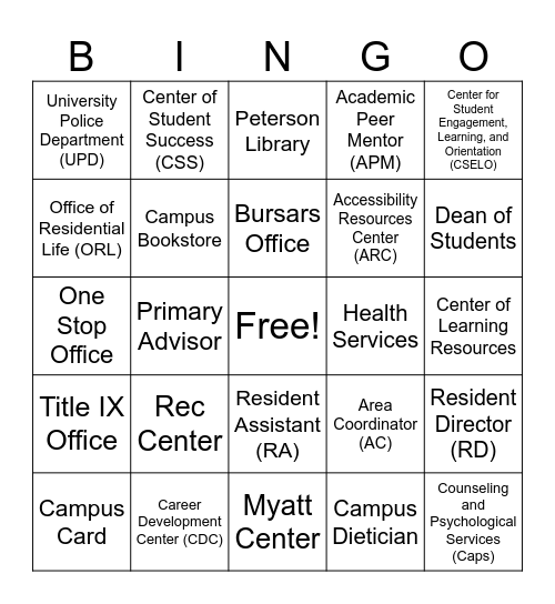 Campus Resource Bingo! Bingo Card