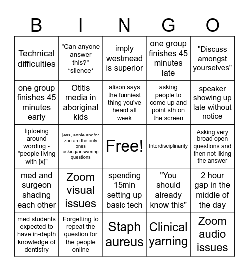Face to face lecture week Bingo Card
