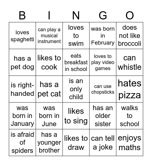 Class Bingo Card
