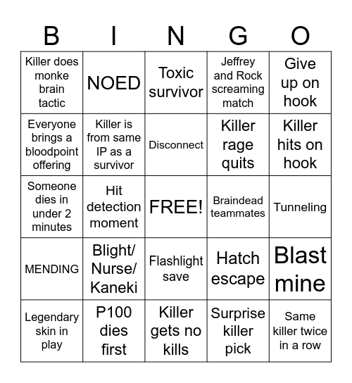 DBD survivor bingo card Bingo Card